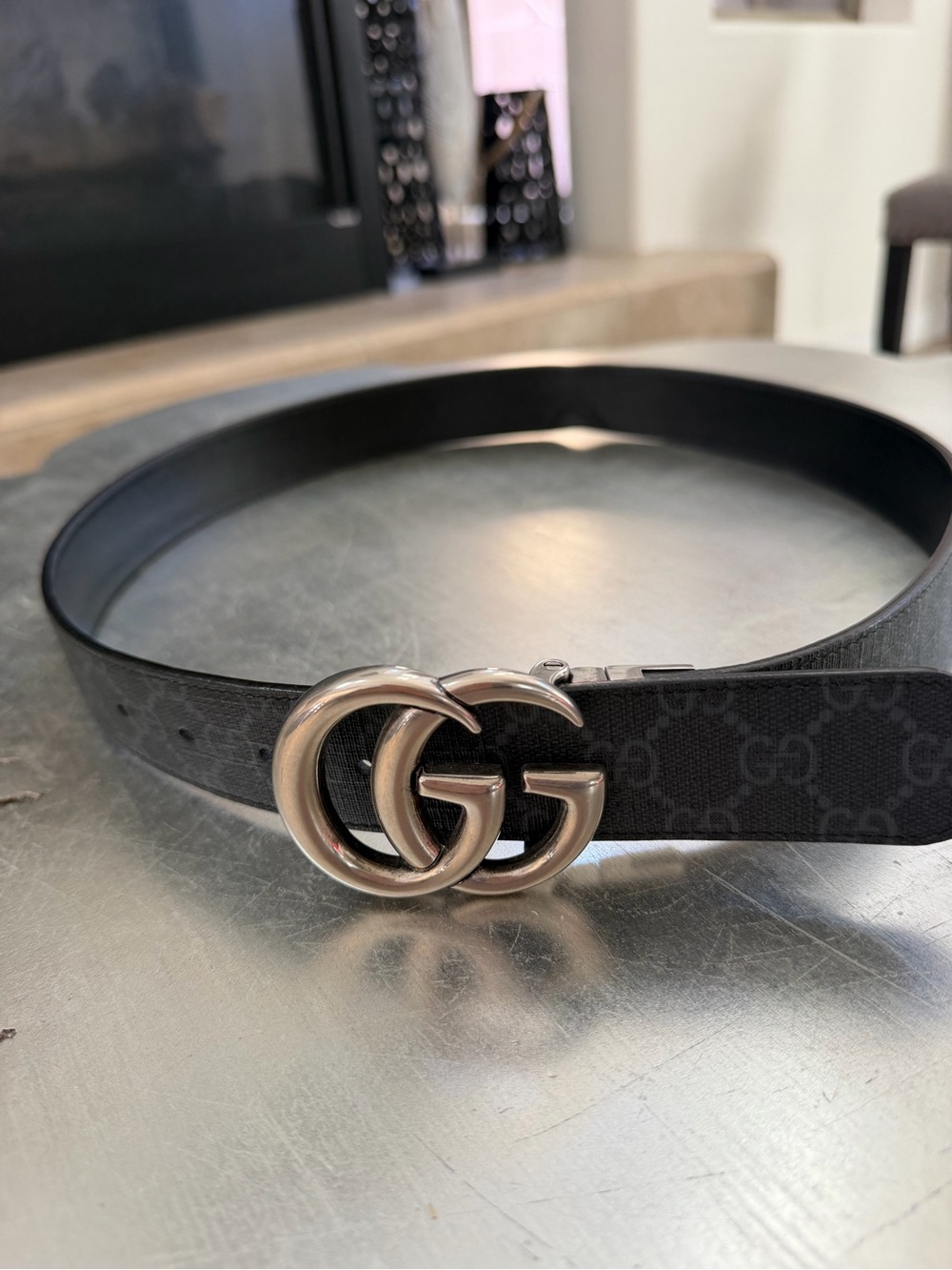Gucci Black GG Monogram Reversible Men’s Belt with Silver Double G Buckle